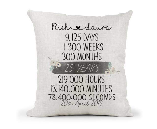 Personalised 25Th Anniversary Cream Canvas Cushion, Scatter Home Decor, 25 Years, Mum Dad, Friends, Days Months, Hours, Mins - image 1