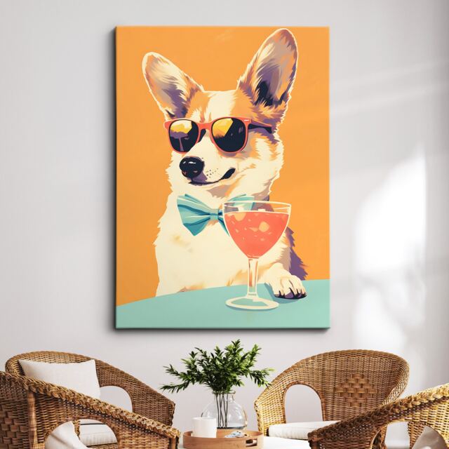 Vibrant Corgi Drinking With Glasses Painting Framed Poster Print & Canvas Wall Decor Art Bedroom Home Interior Dog Lover Gift Idea - image 1