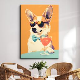 Vibrant Corgi Drinking With Glasses Painting Framed Poster Print & Canvas Wall Decor Art Bedroom Home Interior Dog Lover Gift Idea