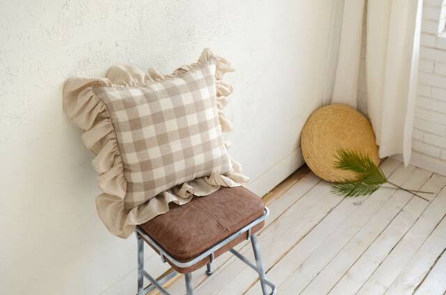 Buffalo Check Ruffled Pillow Sham, Pre Washed 100% Natural Linen, Large European Square Cases Cover Shams With Ruffles - image 1