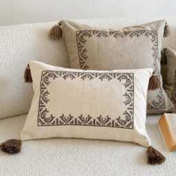 Embroidered Cotton Linen Pillow Cover With Tassels, Lumbar Cushion Case - thumbnail 2