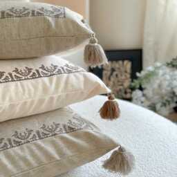 Embroidered Cotton Linen Pillow Cover With Tassels, Lumbar Cushion Case - thumbnail 3