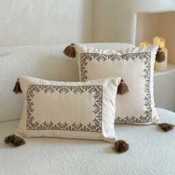 Embroidered Cotton Linen Pillow Cover With Tassels, Lumbar Cushion Case