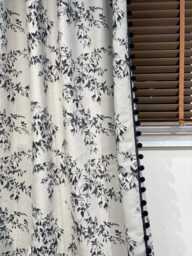 A Pair Of Chenille Curtains With Pompom Trim, Floral Curtain Panels Living Room Bedroom Curtains, Custom Made - thumbnail 1