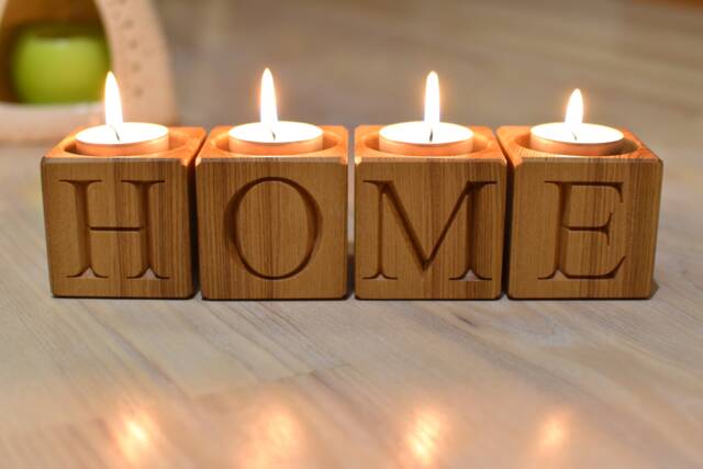 Set Of 4 Wood Candle Holder Blocks Home Decor Tealight Rustic Stick Letters Engraved Advent Christmas - image 1