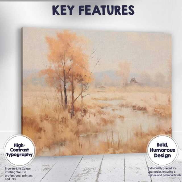 Warm Autumn Wetland Cottage Reflection Landscape Painting Canvas Wall Art Print Decor Picture Ready To Hang - image 1