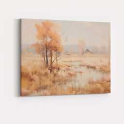 Warm Autumn Wetland Cottage Reflection Landscape Painting Canvas Wall Art Print Decor Picture Ready To Hang - thumbnail 4