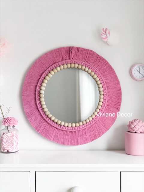 Candy Pink Mirror, Bead Macrame, Girl's Room, Birthday Gift, Newborn Baby Express Shipping, Nursery, Wall Decor - image 1
