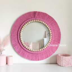 Candy Pink Mirror, Bead Macrame, Girl's Room, Birthday Gift, Newborn Baby Express Shipping, Nursery, Wall Decor - thumbnail 2