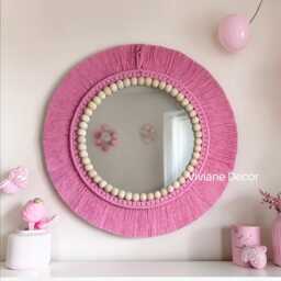 Candy Pink Mirror, Bead Macrame, Girl's Room, Birthday Gift, Newborn Baby Express Shipping, Nursery, Wall Decor - thumbnail 3