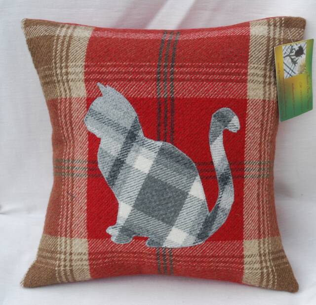 Handmade Tartan Cat Cushion, Scottish Wool Pillow, Rustic Home Decor, Gifts - image 1