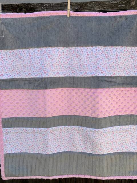 Handmade Modern Baby Minky Blanket Gray, Pink & White Hearts - image 1