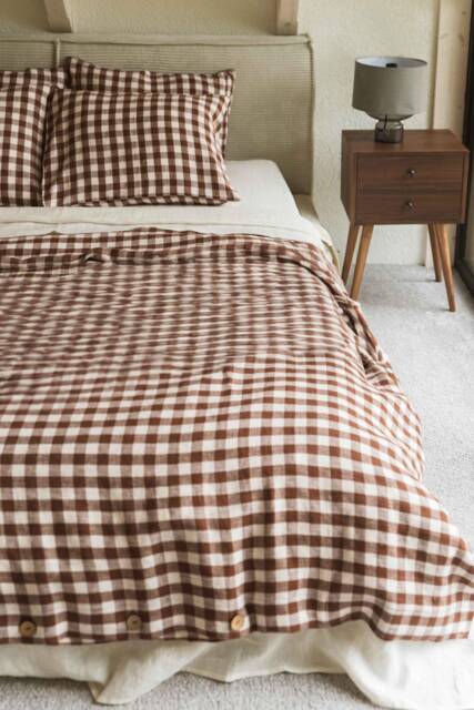 Mocha Gingham Linen Duvet Cover. Boho Bedding. Linen Cover Queen - image 1