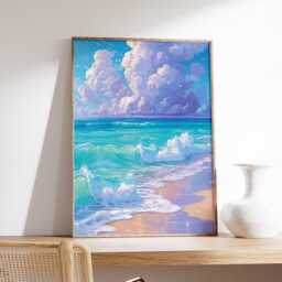 Ocean Wave Wall Art, Pastel Beach Painting With Clouds, Coastal Seascape Print in Turquoise & Lavender For Relaxing Modern Home Decor - thumbnail 2