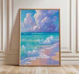 Ocean Wave Wall Art, Pastel Beach Painting With Clouds, Coastal Seascape Print in Turquoise & Lavender For Relaxing Modern Home Decor - thumbnail 1
