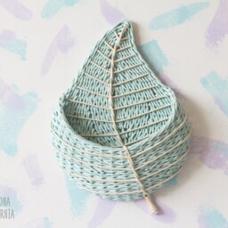 Mint Green Wall Hanging Storage Basket For Nursery Decor, Wicker Leaf Gift - thumbnail 3