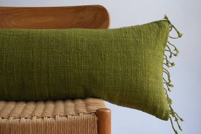 Handwoven Hemp Lumbar Pillow Cover Dark Green Fringe, Boho Farmhouse Decor - image 1