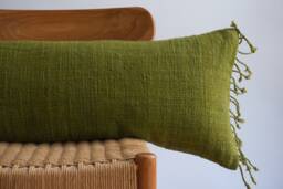Handwoven Hemp Lumbar Pillow Cover Dark Green Fringe, Boho Farmhouse Decor - thumbnail 1