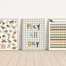 Dinosaur Themed Educational Prints. Alphabet, Numbers & Play All Day Typography Gender Neutral Wall Art - Prints Only, Unframed - thumbnail 2