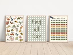 Dinosaur Themed Educational Prints. Alphabet, Numbers & Play All Day Typography Gender Neutral Wall Art - Prints Only, Unframed - thumbnail 1