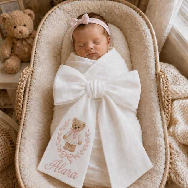 Custom Baby Bear Embroidered Newborn Bow Sash, Girl Hospital Swaddle, Sash For Picture, Shower Gift - image 1