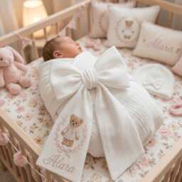 Custom Baby Bear Embroidered Newborn Bow Sash, Girl Hospital Swaddle, Sash For Picture, Shower Gift - thumbnail 2