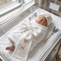 Custom Baby Bear Embroidered Newborn Bow Sash, Girl Hospital Swaddle, Sash For Picture, Shower Gift - thumbnail 3