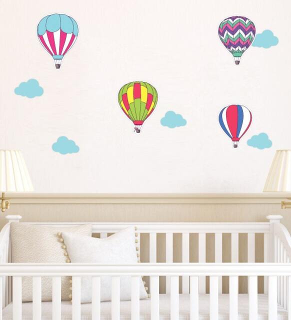 Colourful Air Balloon & Clouds Wall Sticker Decal - Nursery Stickers, Animal Decals, Home Decor, Baby Room, Art, Girl, Boy