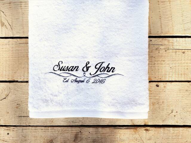 Personalized Embroidered Cotton Wedding Date Towel His & Hers Gift - image 1