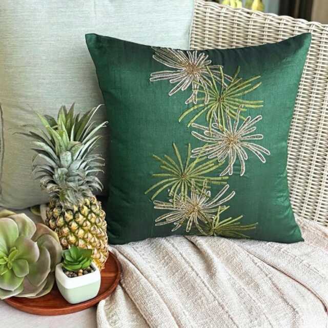 Embroidered Nature & Floral Pattern, Dark Green Art Silk, 24x24/26x26 Tropical Euro Sham - Foliage - image 1