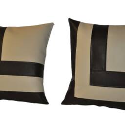 2 Brown & Cream Faux Leather Cushions Block Style 18 - thumbnail 2
