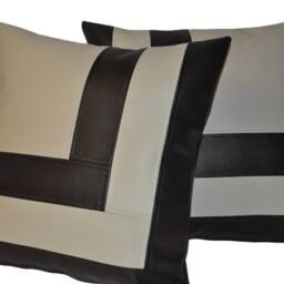 2 Brown & Cream Faux Leather Cushions Block Style 18 - thumbnail 4