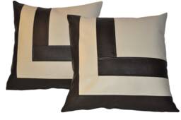 2 Brown & Cream Faux Leather Cushions Block Style 18