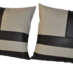 2 Brown & Cream Faux Leather Cushions Block Style 18 - thumbnail 3