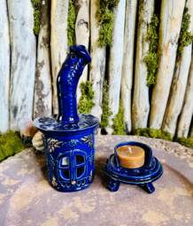 "Blue Ceramic Candle Holder Handmade, Home Decor ""Oven"