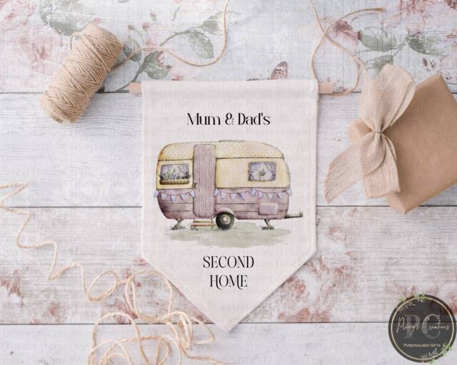 Personalised Vintage Caravan Sign, Custom Linen Pennant Flag For Owner, Family Name Present - image 1