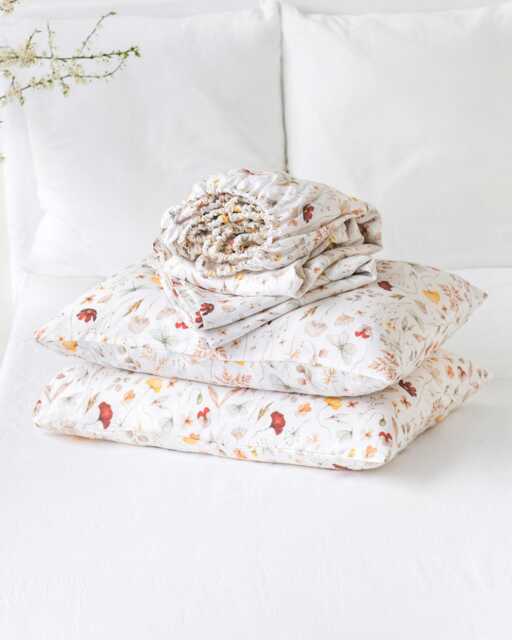 Meadow Print Linen Sheet Set - Natural Botanical Bedding Boho Bed Sheets With Fitted, Flat Sheet, Pillowcases Gift-Ready - image 1
