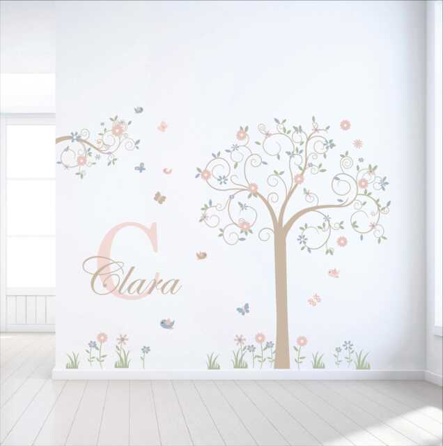 Kids Room Decals, Personalized Boho Tree Wall Decal Pastel Floral Nursery Decor - image 1