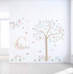 Kids Room Decals, Personalized Boho Tree Wall Decal Pastel Floral Nursery Decor - thumbnail 1