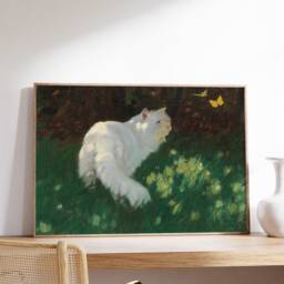 White Cat Chasing Butterflies Painting Wall Art, Vintage Green Poster, Butterfly Art Print, Printable, Cute Pet Canvas, Lover Gift - thumbnail 2