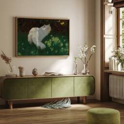 White Cat Chasing Butterflies Painting Wall Art, Vintage Green Poster, Butterfly Art Print, Printable, Cute Pet Canvas, Lover Gift - thumbnail 3