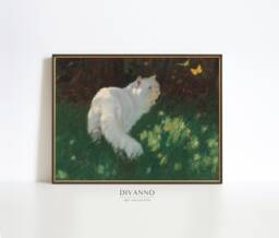 White Cat Chasing Butterflies Painting Wall Art, Vintage Green Poster, Butterfly Art Print, Printable, Cute Pet Canvas, Lover Gift - thumbnail 1