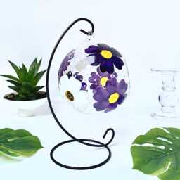 Hand Painted Daisy Glass Tealight Holder Purple & White, Metal Stand - thumbnail 2