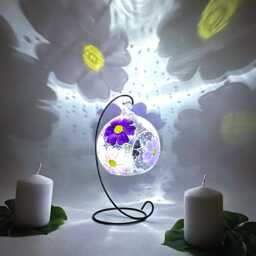 Hand Painted Daisy Glass Tealight Holder Purple & White, Metal Stand