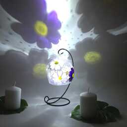 Hand Painted Daisy Glass Tealight Holder Purple & White, Metal Stand - thumbnail 4