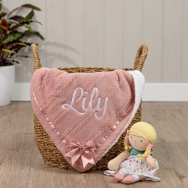 Personalised Bow Baby Swaddle Wrap - 7 Blanket Colours Choose Font & Embroidery Colour. Optional Gift Box. Soft Cable Knit - image 1
