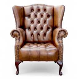 Buttoned Fixed Seat Chair Authentic Chesterfield Real Antique Tan Leather - thumbnail 3