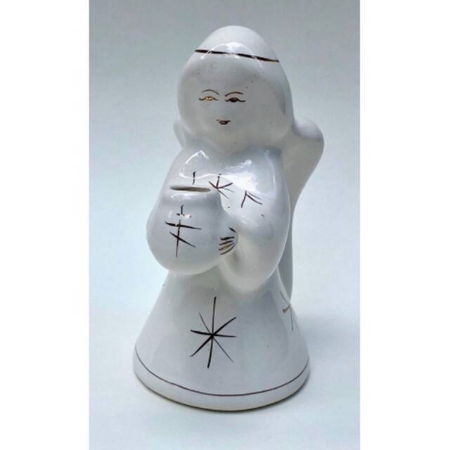 Ceramic Candlestick Gzhel Angel Candle Stand Gold Painted Handwork Hand Painted White