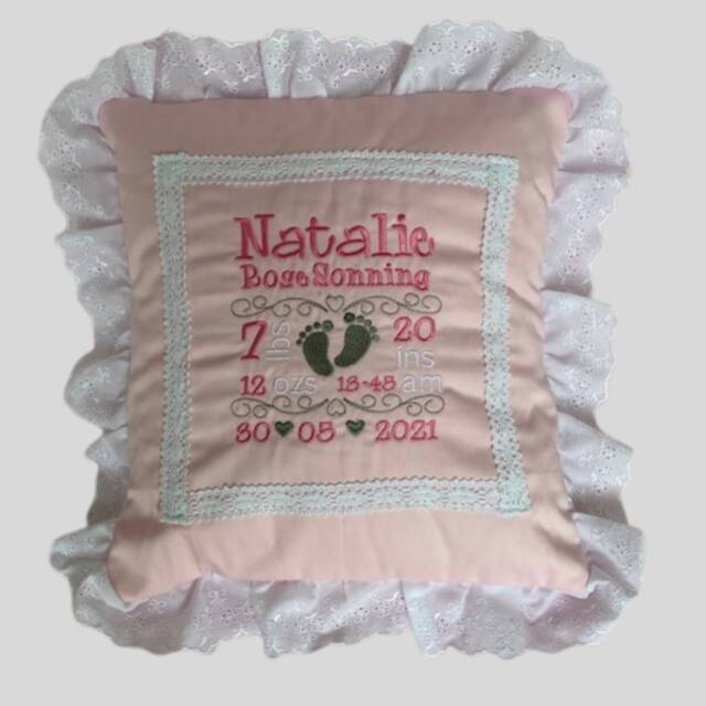 Embroidered Personalised Cushion For New Baby's With Name & Birth Details. Beautiful Keepsake Baby Gift - image 1