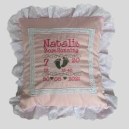Embroidered Personalised Cushion For New Baby's With Name & Birth Details. Beautiful Keepsake Baby Gift - thumbnail 1